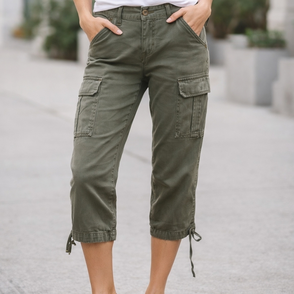 Ag Adriano Goldschmied Olive Cargo Capris with Drawstring Hem